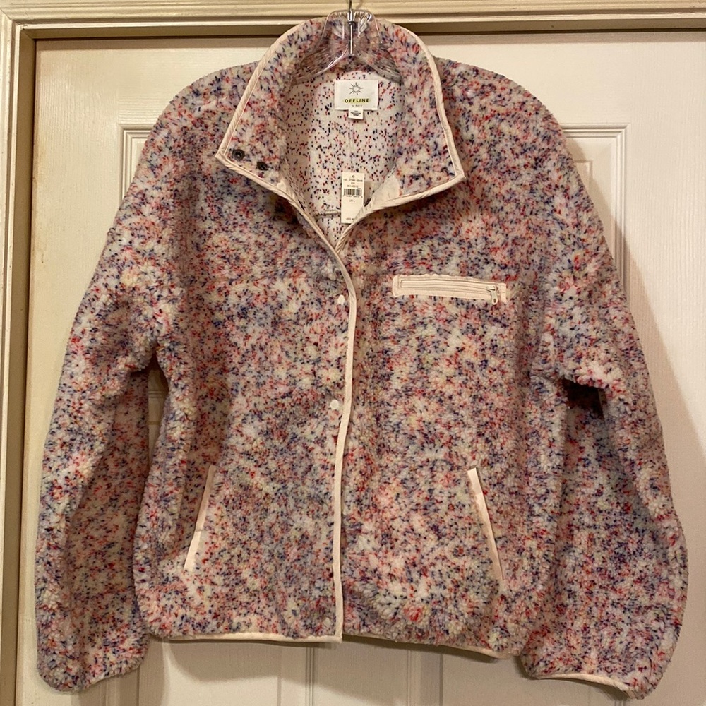 AERIE OFFLINE SHERPA JACKET CREAM MULTI COLORED SIZE L
